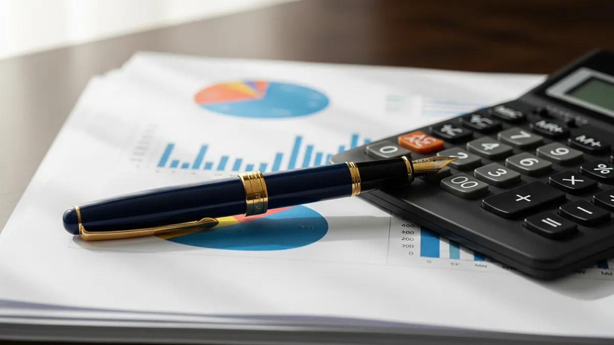 A fountain pen and calculator resting on financial charts