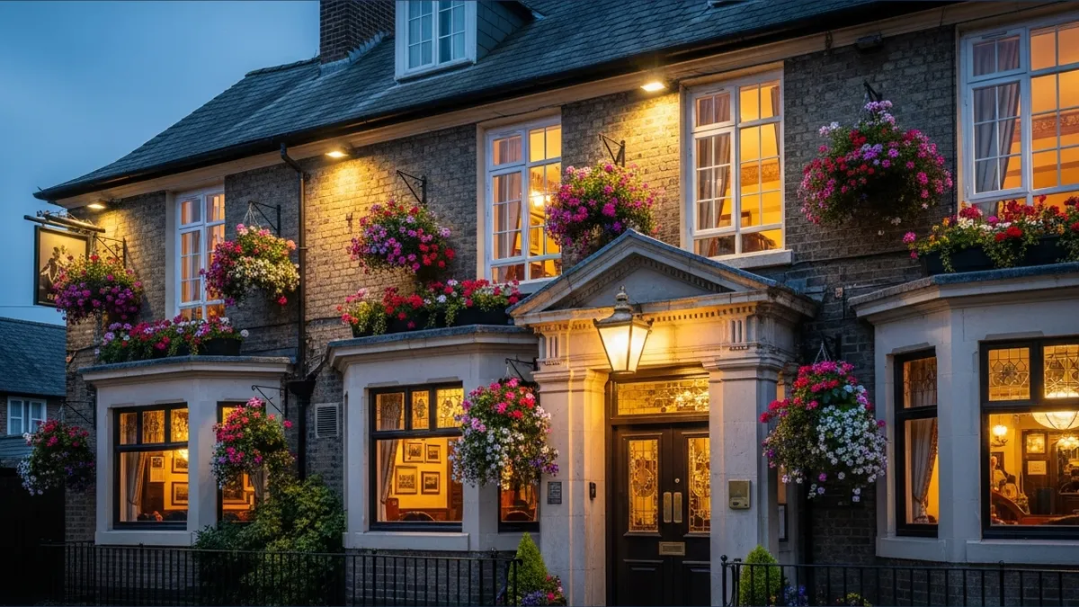 A traditional British pub exterior at dusk with warm lighting and hanging flower baskets