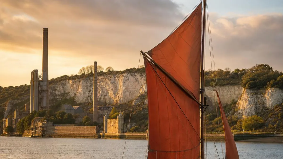 A Thames sailing barge with tan sails on the River Medway near Rochester, with chalk cliffs and old cement works chimneys on the shore